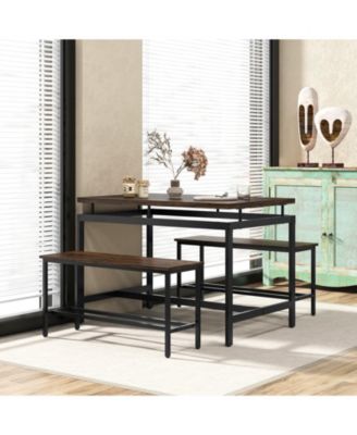 3 Pieces Dining Table Set with Wooden Kitchen Table and 2 Benches-Brown