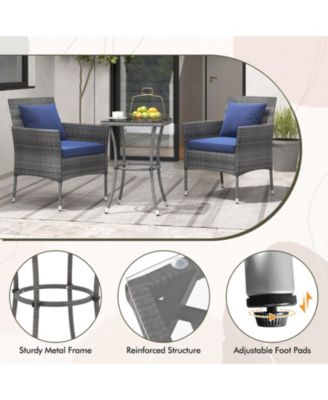 3 Pieces Patio Furniture Set with Cushioned Patio Chairs and Tempered Glass Coffee Table-Navy
