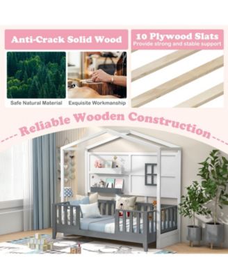 Twin Wood House Bed Montessori Floor Bed with 2 Shelves and Guardrails
