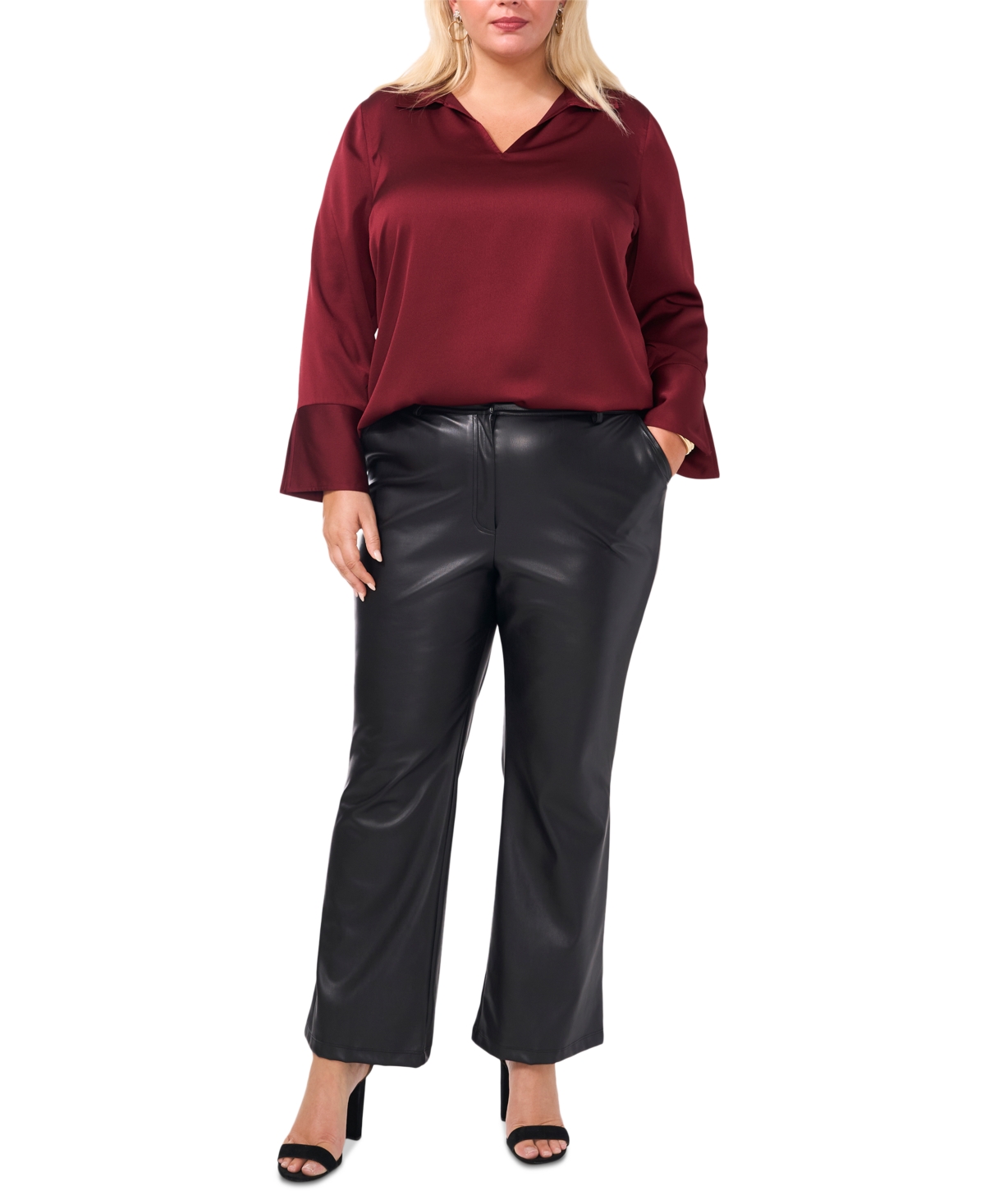 Vince Camuto Plus Size Collared V-Neck Long-Sleeve Blouse
