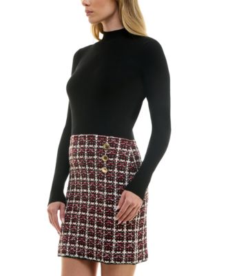 Juniors' Combo Tweed-Skirt Long-Sleeve Sweater Dress