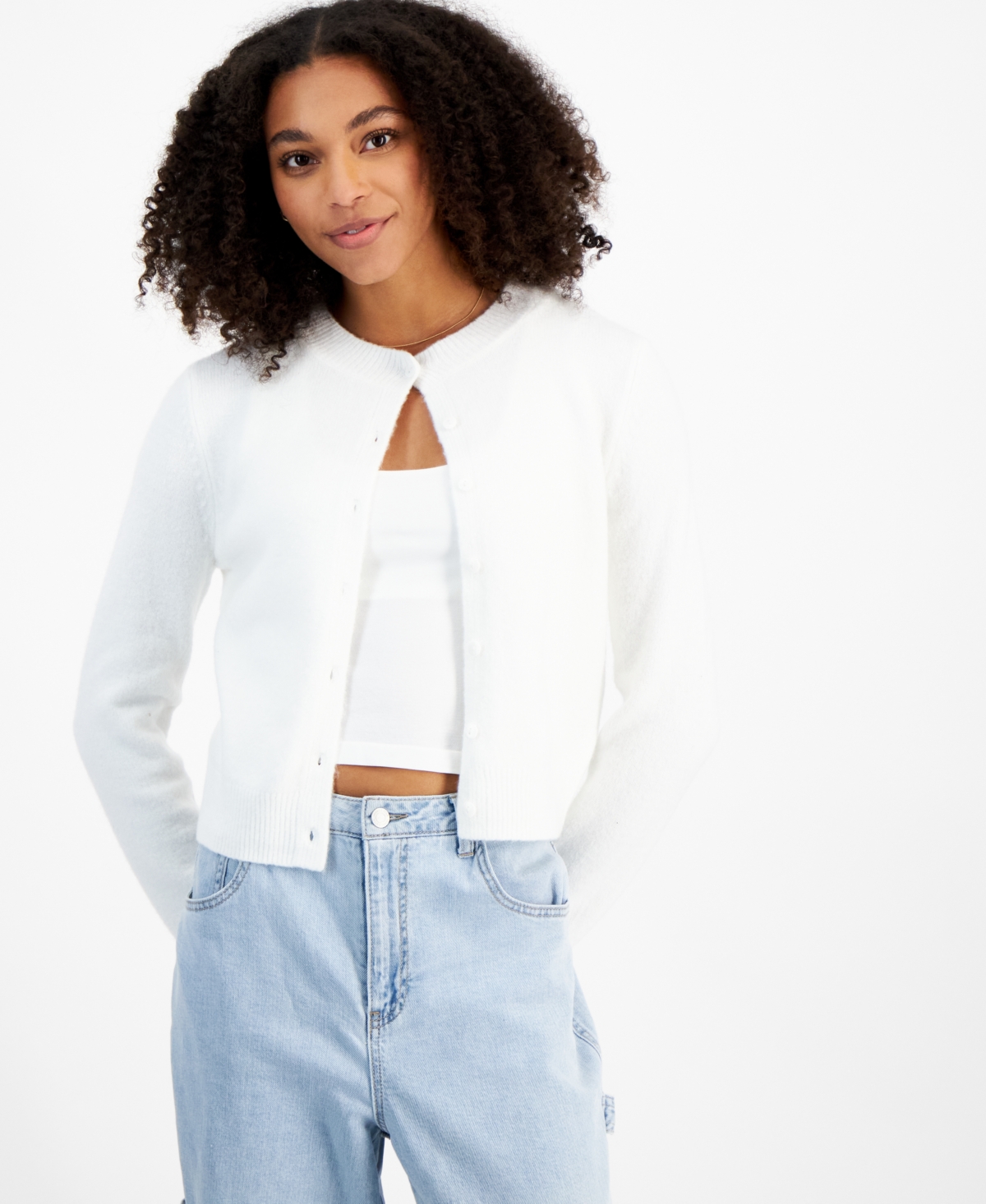 Madden Girl Juniors' Crewneck Mossy Button-front Cardigan In Bright White