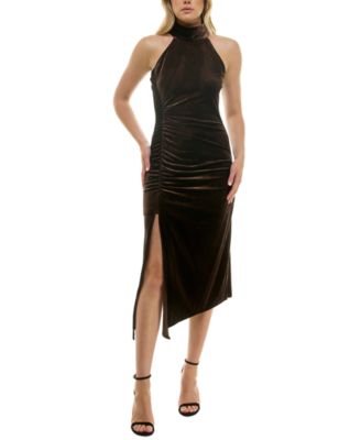 Velvet Slit Wide Strap Midi Dress
