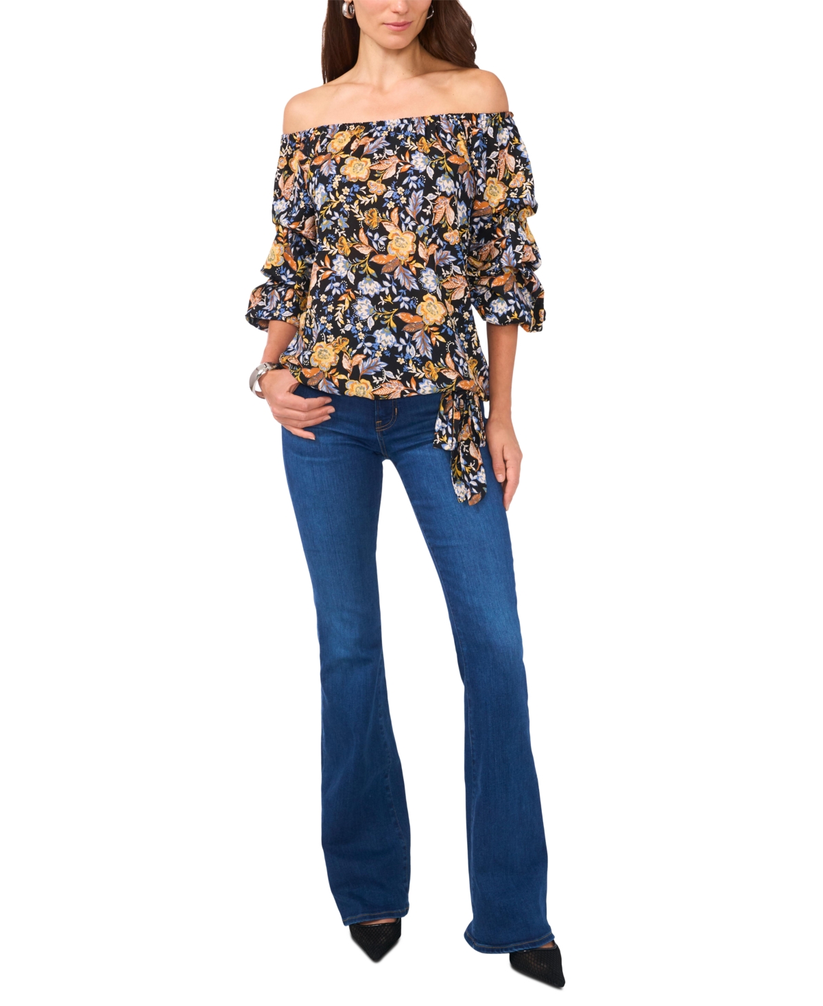 Shop Vince Camuto Women's Floral Off-the-shoulder Bubble 3/4-sleeve Tie-front Blouse In Rich Black