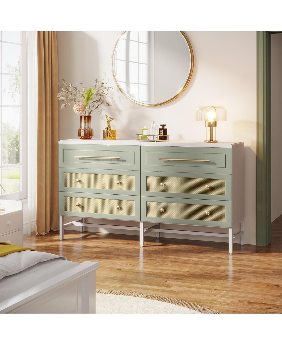 Tribesigns 6 Drawer Dresser, Modern Rattan Dresser for Bedroom, 55 inch Long Double Dresser Wood Storage Organizer Chest of Drawers for Closet Living