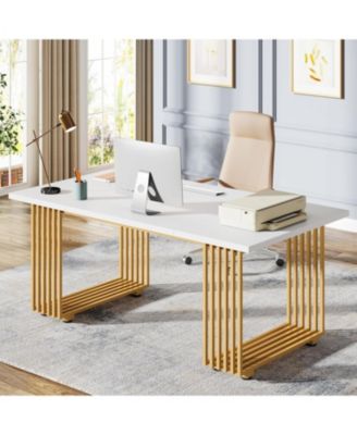 70.9" Modern Office Desk, Wooden Computer Desk, White Executive Desk with Gold Metal Legs, L Study Writing Desk