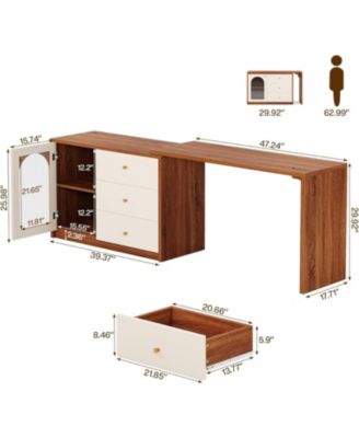 Modern Makeup Vanity, Retractable Large Vanity Desk with 3 Drawers and Cabinet, Makeup Corner Dressing Table (Without Mirror)