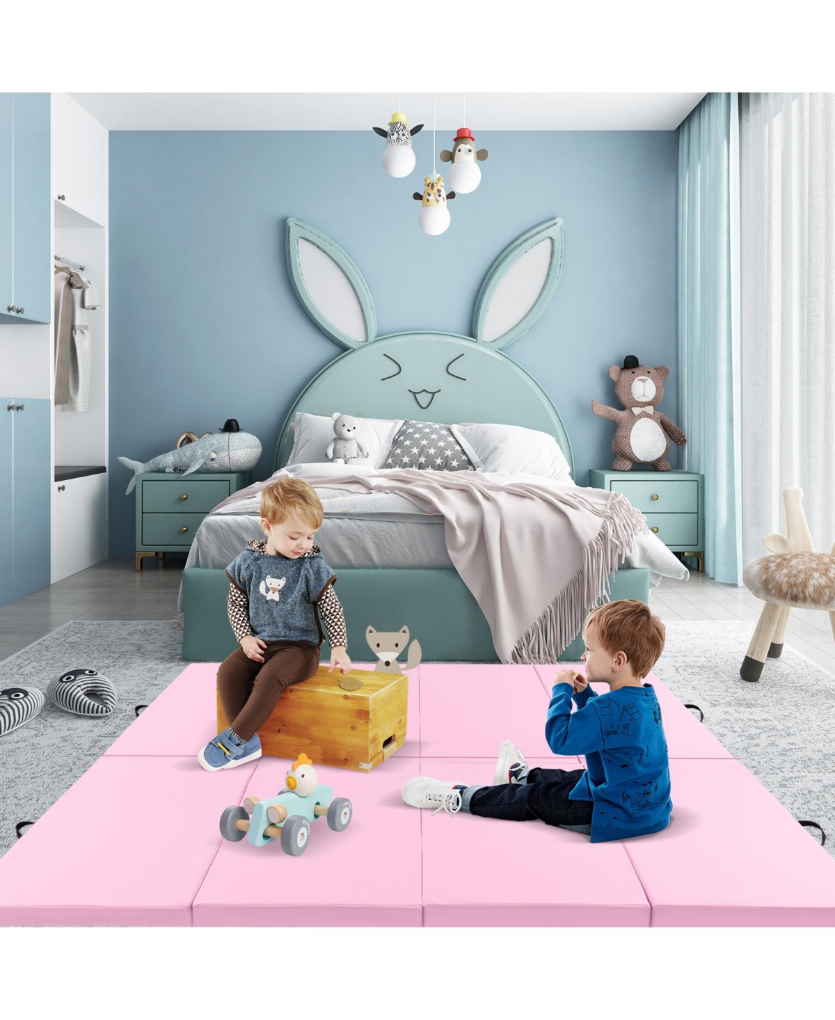 Skonyon 4-Panel Pu Leather Folding Exercise Mat with Carrying Handles- Pink