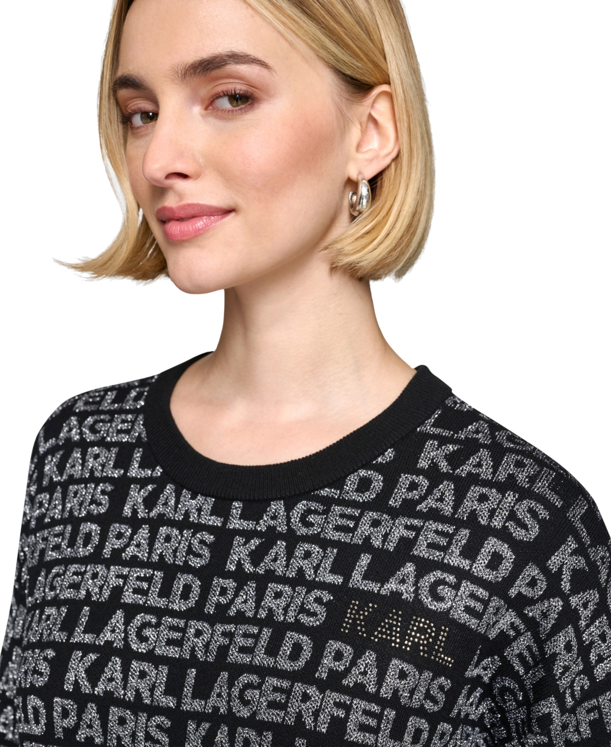 Karl Lagerfeld Paris Women's Logo Signature Crewneck Sweater, Regular & Petite -Gunmetal