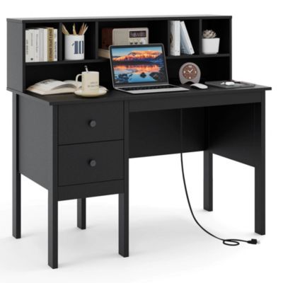 " Computer Desk with Power Outlets Type-C 5-Cubby Hutch & 2 Storage Drawers
