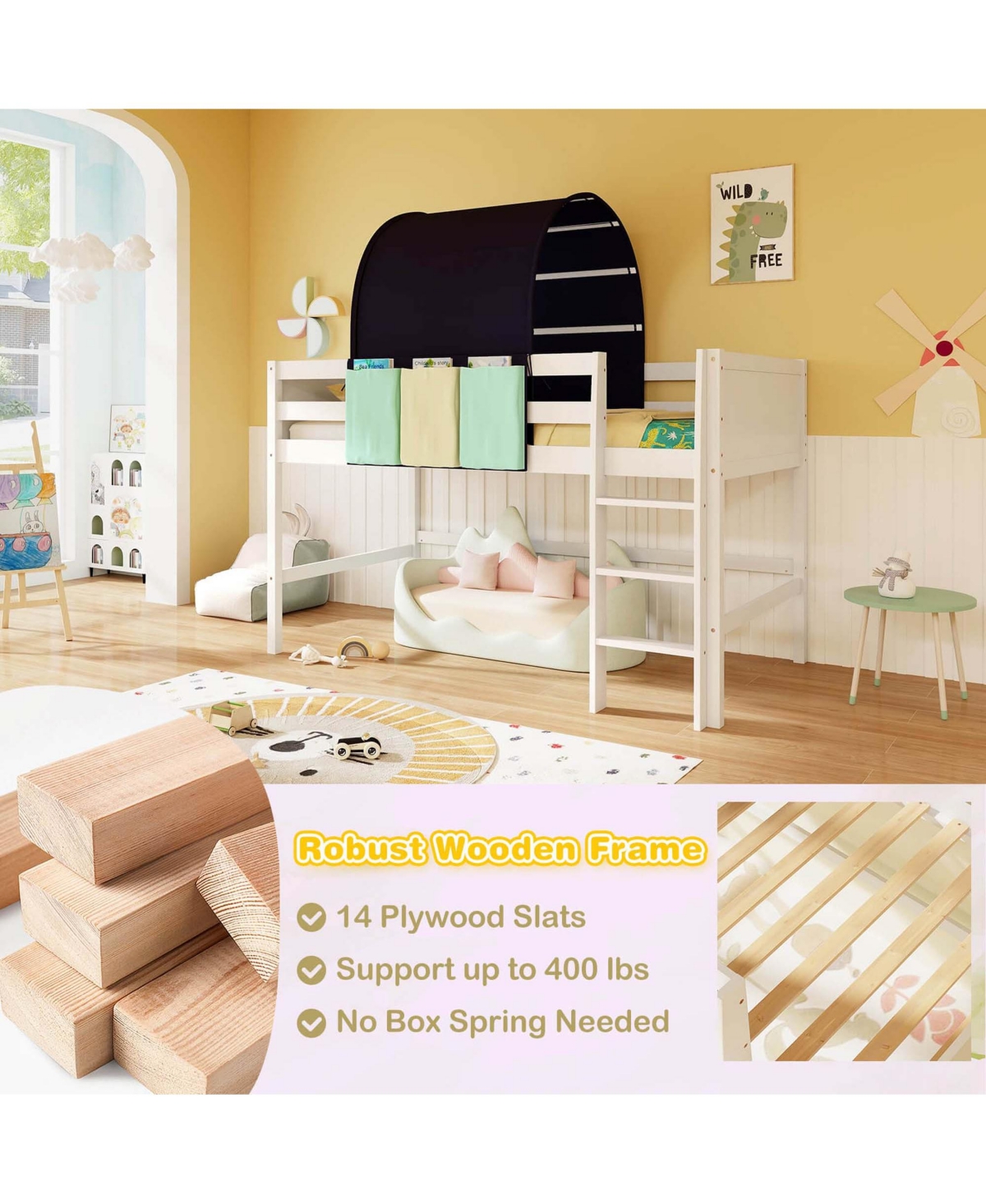 Twin Loft Bed with Tower & Tent 3 Storage Pockets Safety Guardrail and Ladder