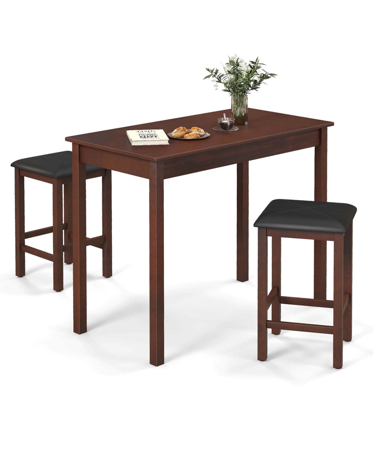 Costway 3 Pcs Bar Table Set Dining Table & 2 Pvc Leather Upholstered Bar Stools