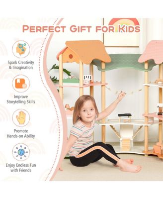 Kids Wooden Dollhouse Aged 3-8 Years Old with 32PCS Realistic Furniture Accessories