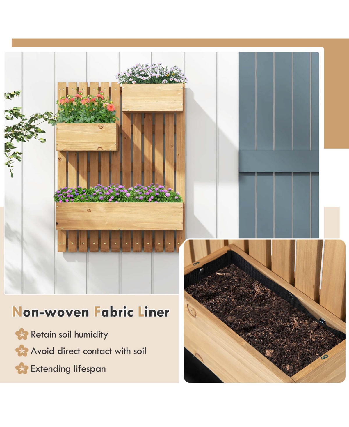 Costway Wall Mounted Garden Planter with 3 Planter Boxes Drainage Holes Non-woven Liners