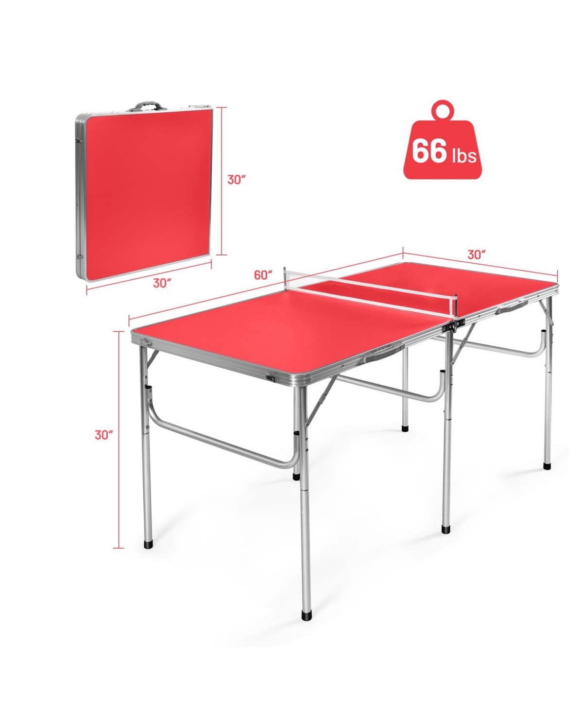 Vebreda Portable Tennis Ping Pong Folding Table with Accessories- Red