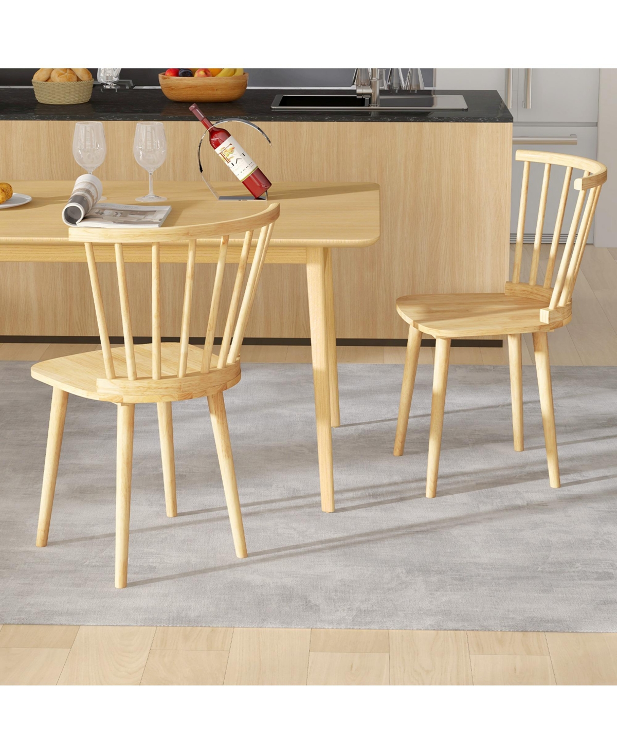 Costway Rubber Wood Windsor Dining Chairs Set of 2 with Spindle Back for Living Room