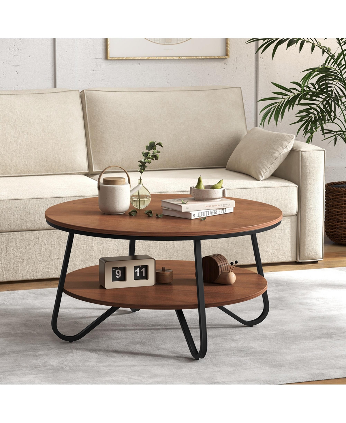 Costway 2-Tier Round Coffee Table with Wood Grain Finish & Heavy-duty Metal Frame