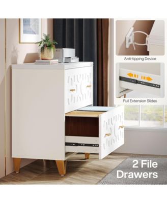 2-Drawer Lateral File Cabinet, Modern White Filing Cabinet, Large Storage Filing Cabinet Printer Stand for Home Office, White and Gold