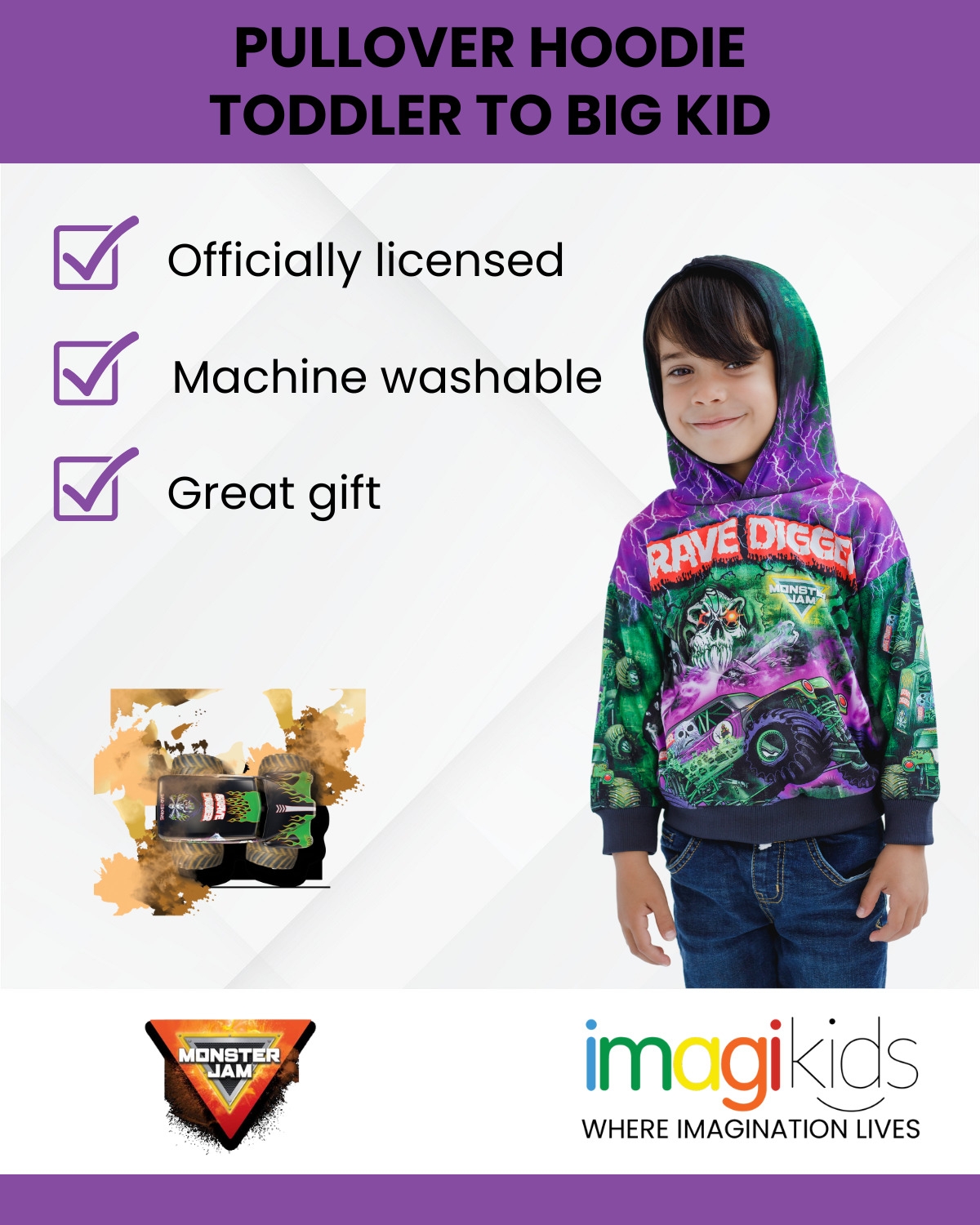 Monster Jam Boys Fleece Pullover Hoodie toEl Toro Loco Megalodon - Grave digger