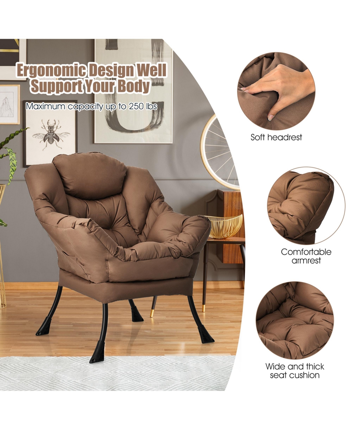 Costway Modern Polyester Fabric Lazy Chair Single Sofa Chair w/ Side Pocket