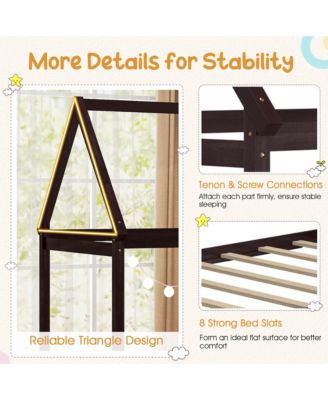 Twin House Bed Wood Frame with Roof for Kids Toddler No Box Spring