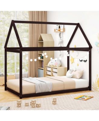 Twin House Bed Wood Frame with Roof for Kids Toddler No Box Spring