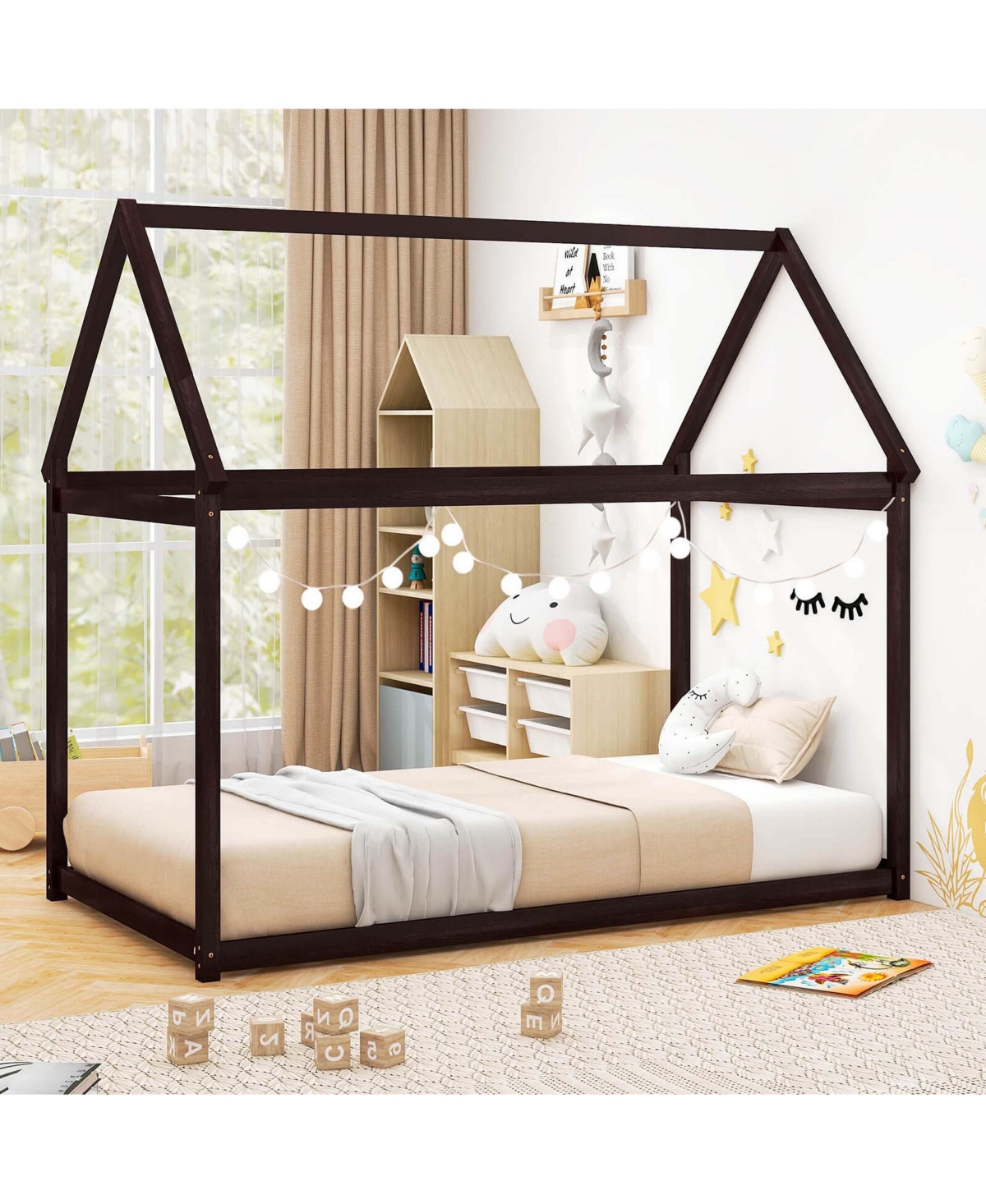 Costway Twin House Bed Wood Frame with Roof for Kids Toddler No Box Spring