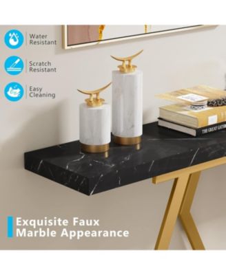 70.9 Inch Extra Long Sofa Table， White and Gold Console Table with Faux Marble Tabletop, Modern Long Entryway Table with Gold Frame