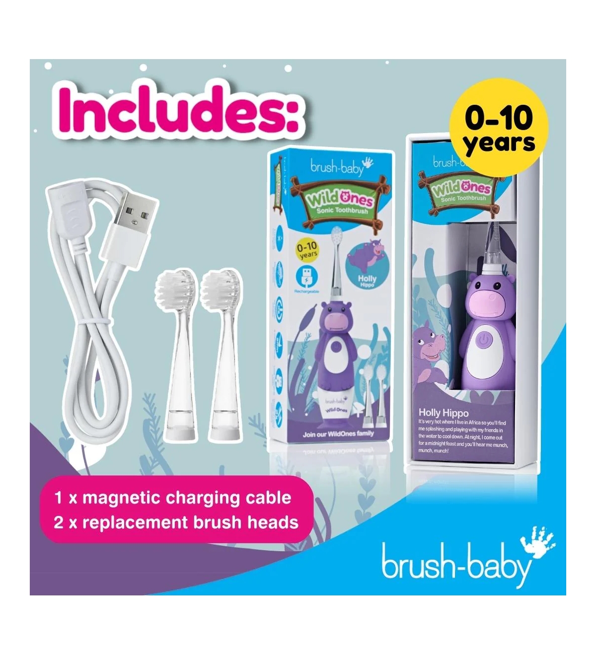 Brush-Baby WildOnes Hippo Kids Electric Rechargeable Toothbrush | Childrens Electric Toothbrush | Animal Character Toothbrush