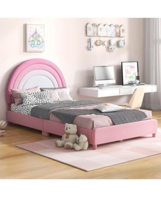 Kids Twin Platform Bed Frame Upholstered Twin Size Bed w/ Wooden Slats Support Blue