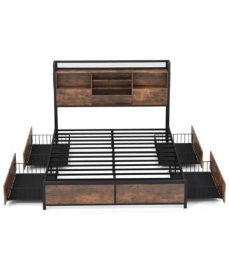 Queen Size Bed Frame w/ Bookcase Headboard & 4 Storage Drawers Vintage Brown