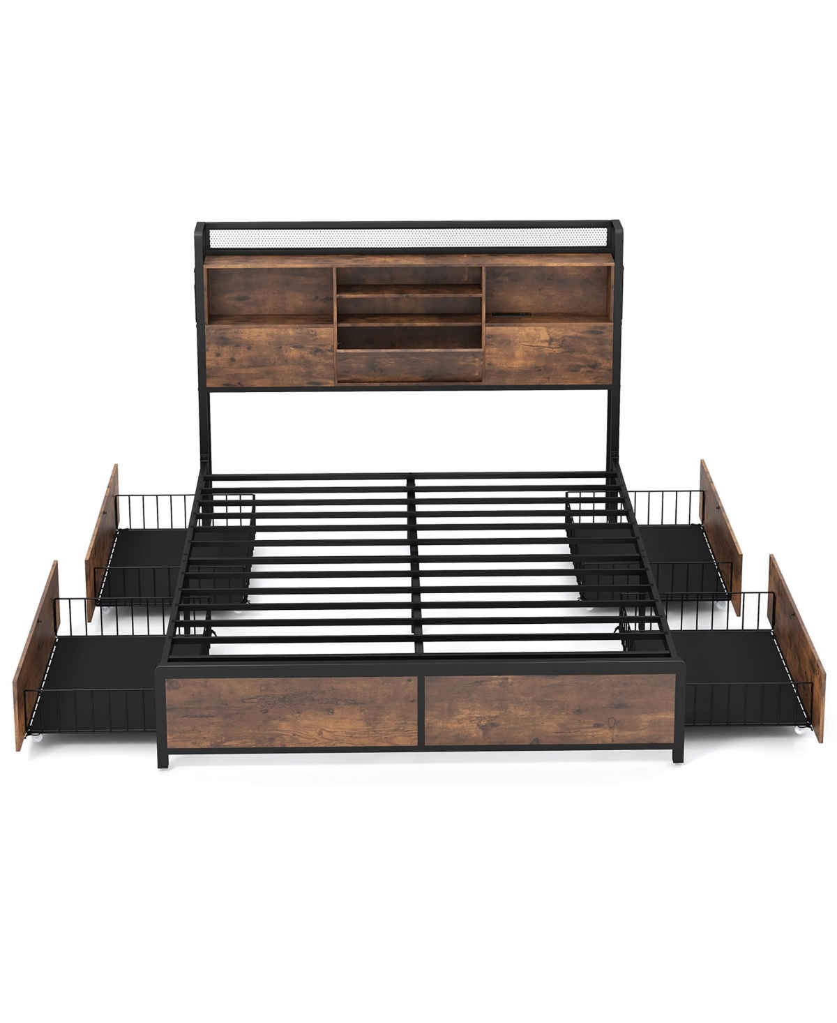 Gymax Queen Frame w/ Bookcase Headboard & 4 Storage Drawers Vintage Brown - Brown+black