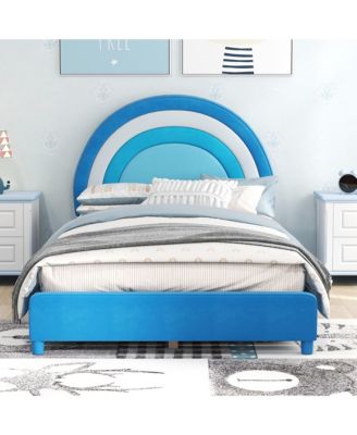 Kids Twin Platform Bed Frame Upholstered Twin Size Bed w/ Wooden Slats Support Blue
