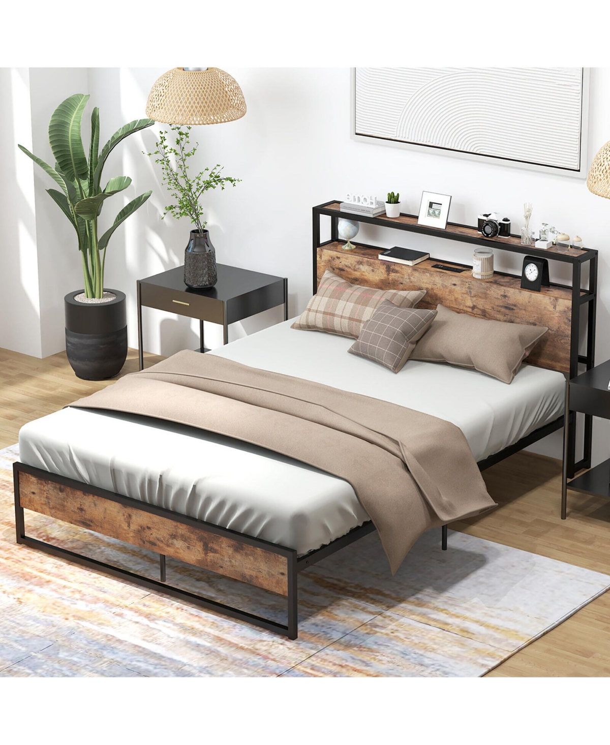 Gymax Full Platform Bed Frame with Charging Station Storage Headboard - Brown+black