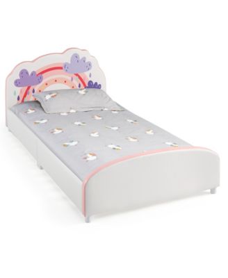 Kids Upholstered Platform Bed Children Twin Size Wooden Bed Rainbow Pattern
