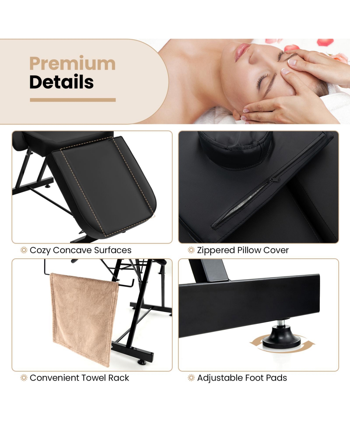 Givimo 73 Inch Facial Chair Set with Removable Headrest Detachable Armrests and Towel Rack-Black