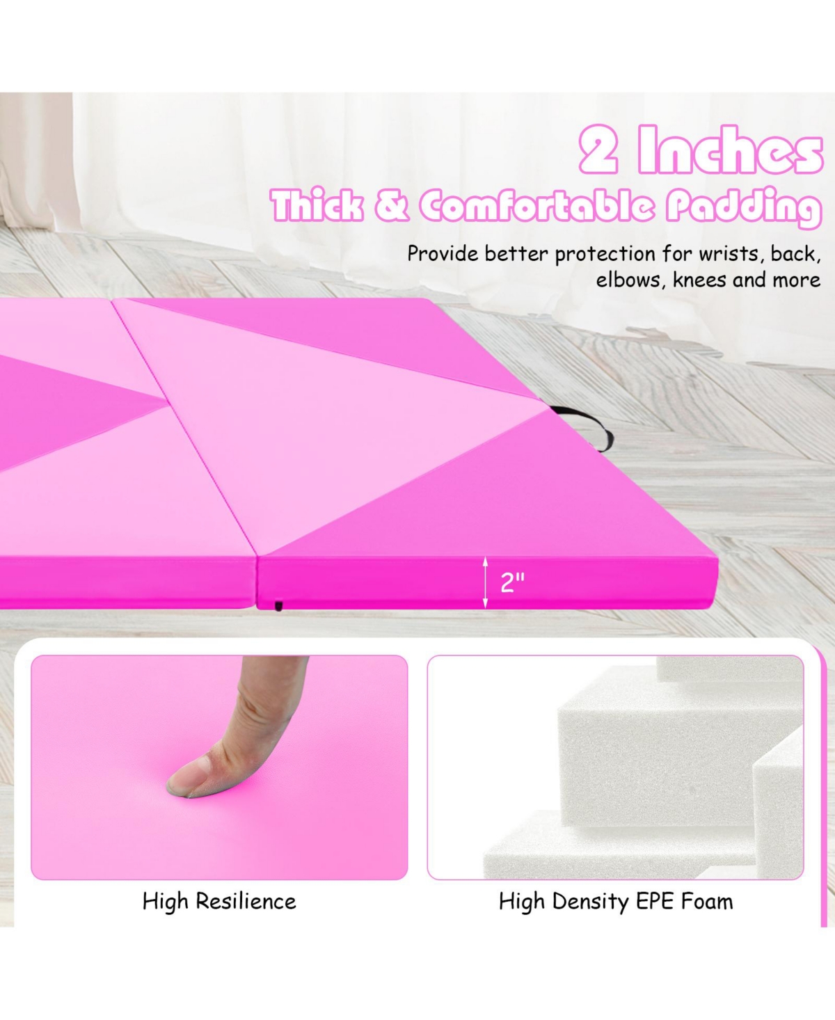Vebreda 8 Feet Pu Leather Folding Gymnastics Mat with Hook and Loop Fasteners- Pink