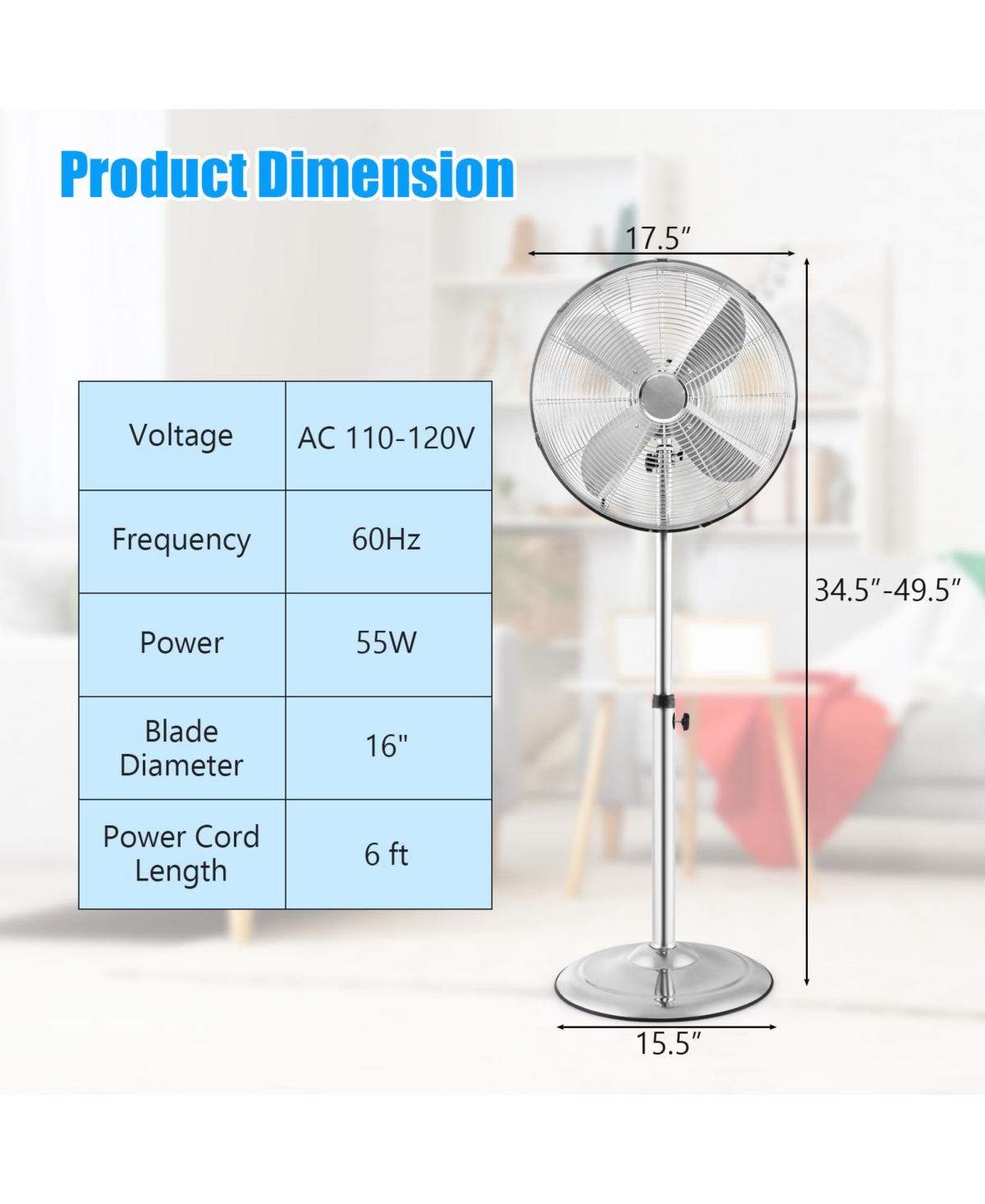 Vebreda 16 Inch Pedestal Standing Fan Oscillating Pedestal Fan with 3 Speeds and Adjustable Height-Silver