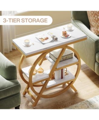 End Table, 3-Tier Faux Marble Side Table with Storage, Wood Narrow Sofa Side Table, Modern Nightstand and Bedside Table, Gold & White