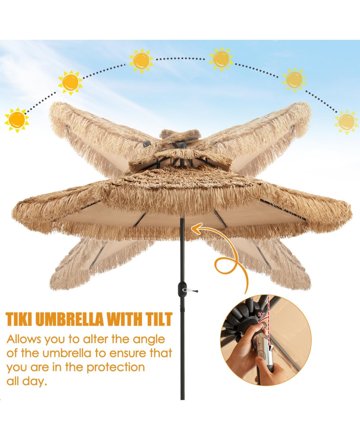 Skonyon 9 Feet Thatched Tiki Umbrella with 8 Ribs