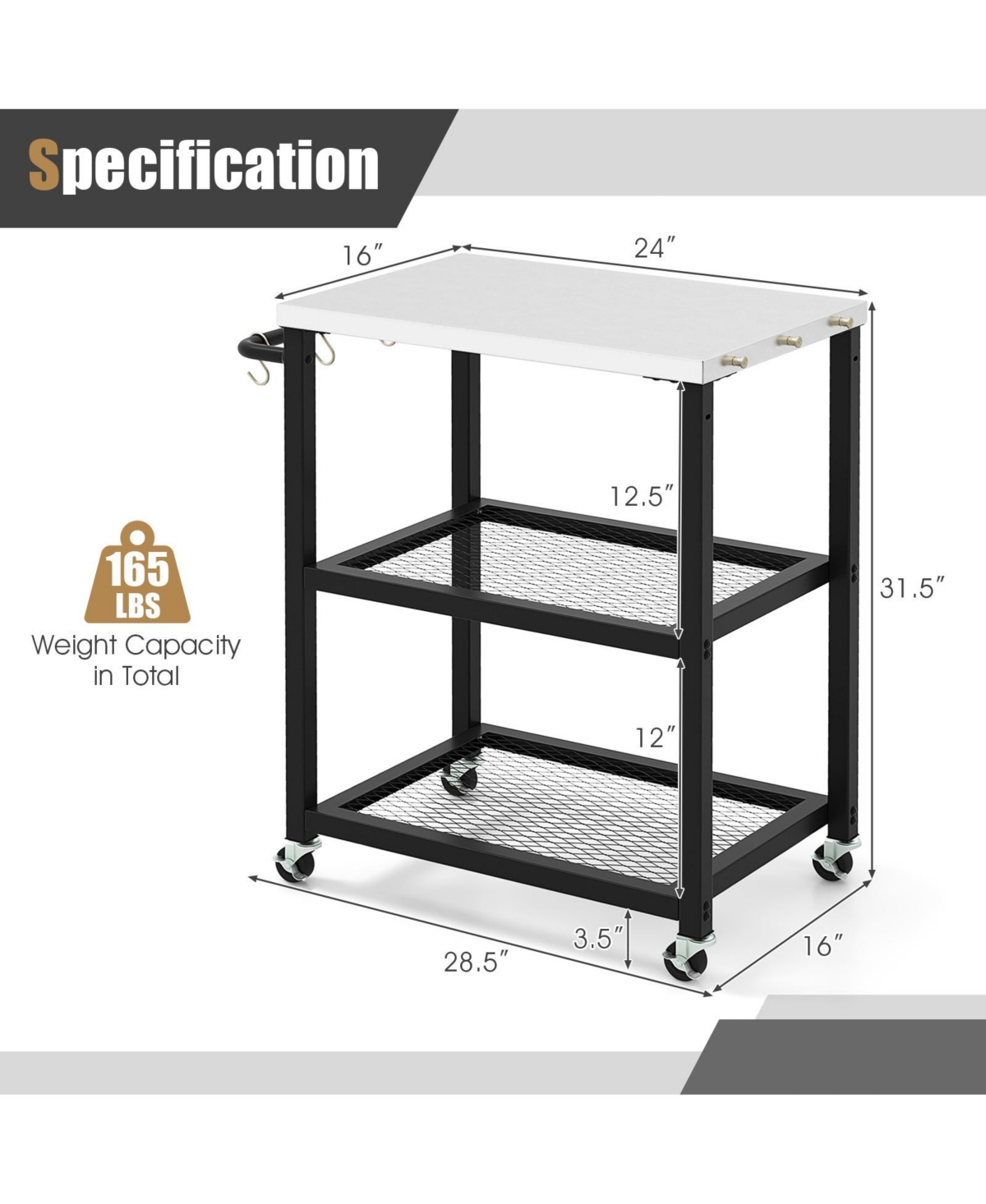 Sugift 3-Tier Foldable Outdoor Stainless Steel Food Prepare Dining Cart Table on Wheels
