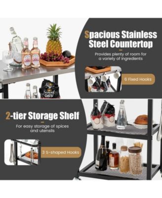 3-Tier Foldable Outdoor Stainless Steel Food Prepare Dining Cart Table on Wheels