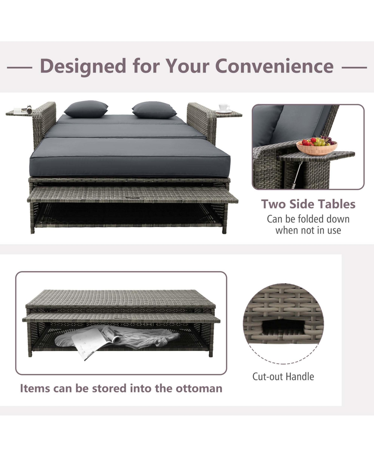 Wicker Loveseat Sofa Set Patio Rattan Daybed with Ottoman & Retractable Side Tray