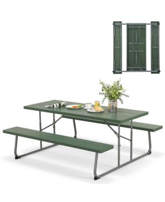 Folding Picnic Table with Wood-like Tabletop, Umbrella Hole, 2 Benches for 8 Person