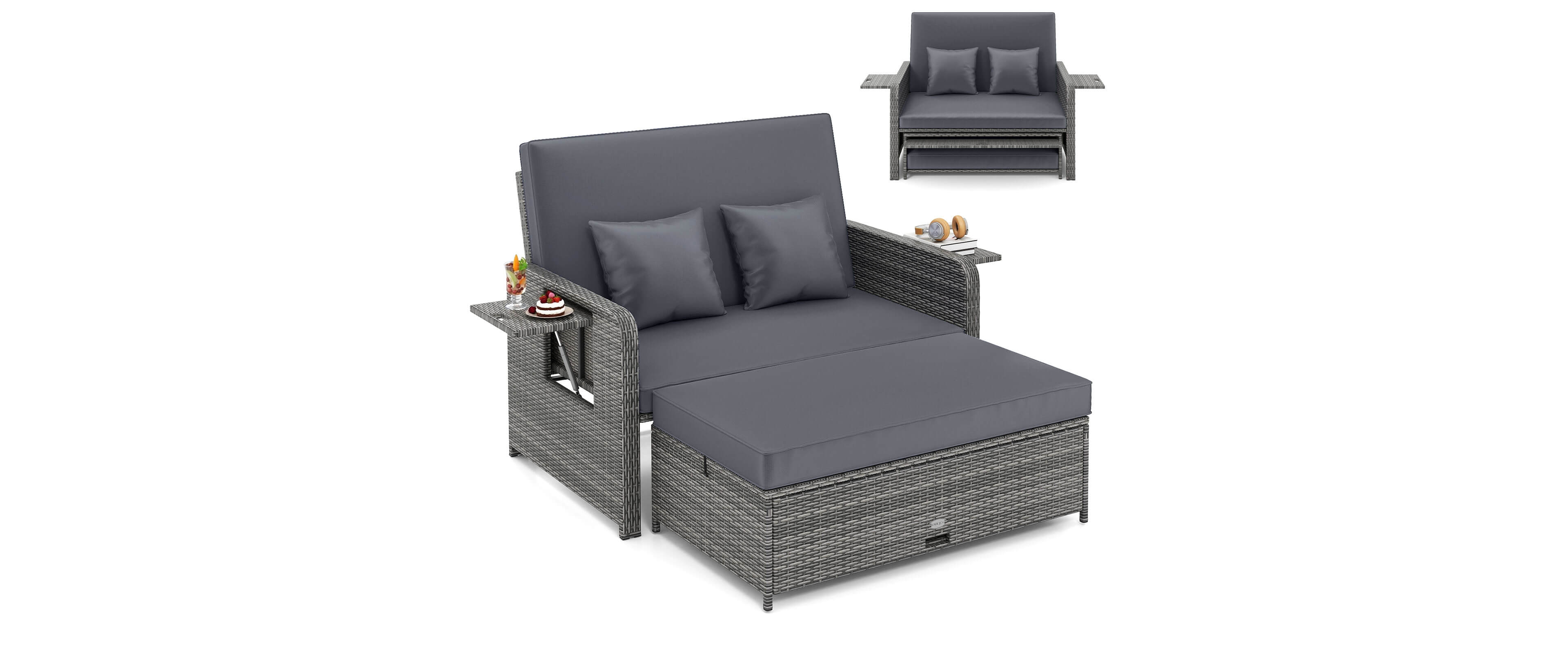 Wicker Loveseat Sofa Set Patio Rattan Daybed with Ottoman & Retractable Side Tray