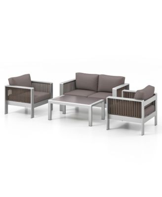 4 PCS Aluminum Patio Furniture Set with Thick Cushions & Tempered Glass Tabletop