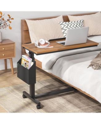 Height Adjustable C Shaped End Table with Wheels and Side Pocket, Mobile Sofa Snack Table with Tiltable Drawing Board for Couch Bed