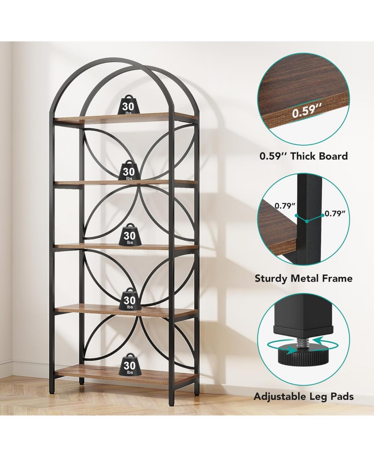 Tribesigns 5-Tier Bookshelf, 75 Inch Tall Arched Bookcase Shelf Storage Organizer, Industrial Book Rack With Metal Frame, Open Standing Display Rack f