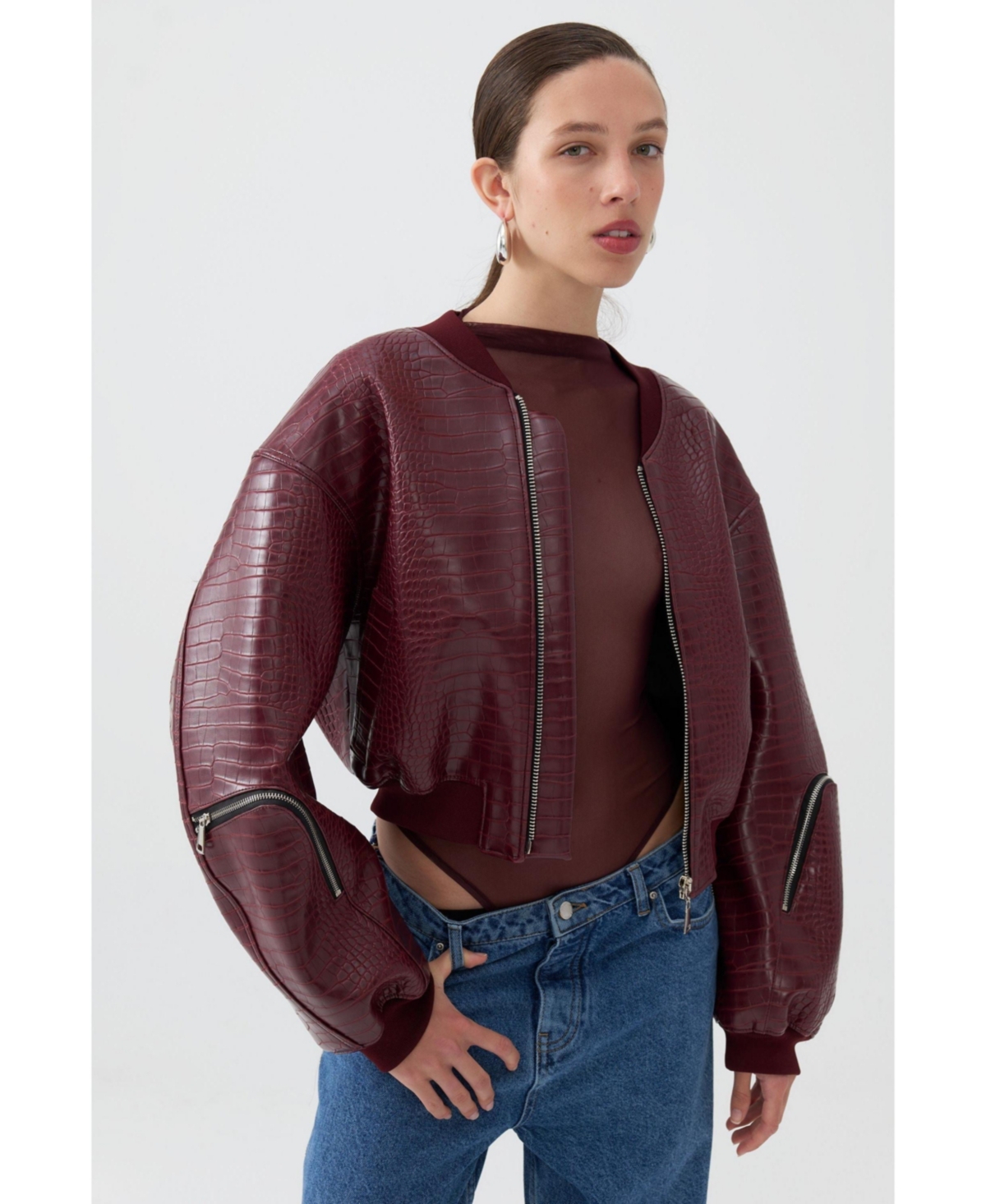 Women's Faux Leather Bomber Jacket - Burgundy