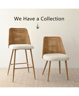 Set of 2 Modern 27-Inch Counter Stools with Boucle Upholstery and Faux Rattan Design